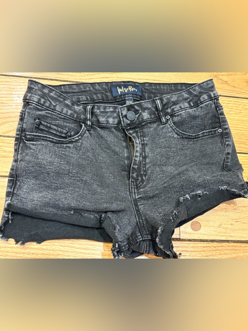 Indigo Rein Black Denim Shortie Shorts Stretch cut offs distressed 13/30